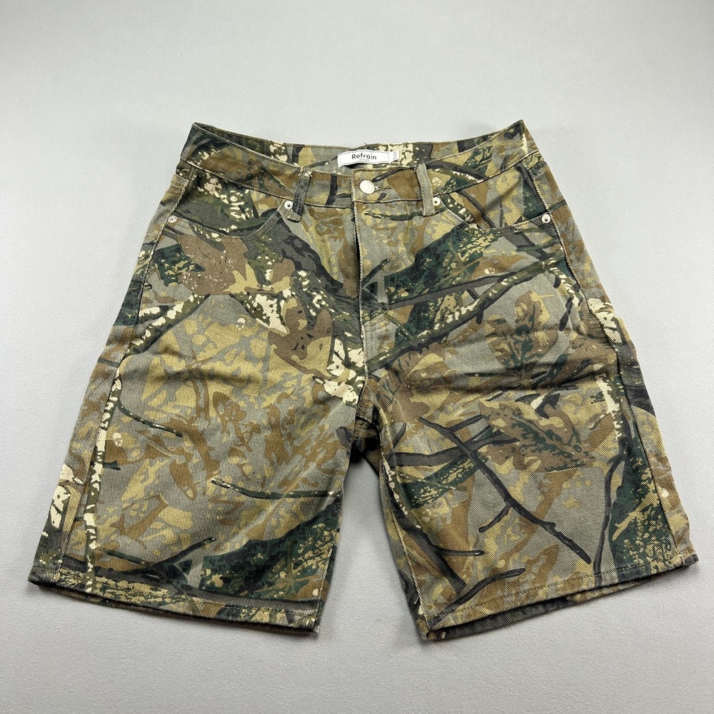 Refrain Los Angeles Shorts Women 5/27 Multi Mossy Oak Cotton Flat Front Gorpcore